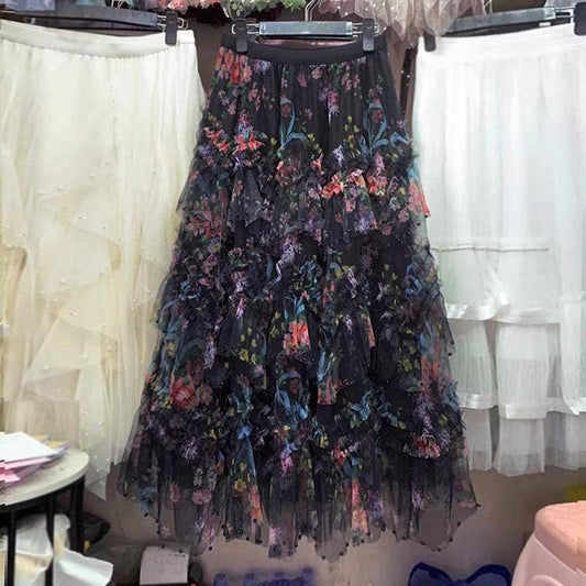 SK063 Colorful Beaded Mesh Long Skirt with Irregular Layers