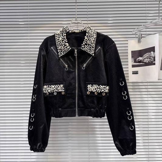 JK194Y Autumn faux leather snakeskin pearl rhinestone short