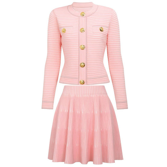 SET194Y Elegant Ribbed Cardigan & Pleated Skirt Set ¨C Pink