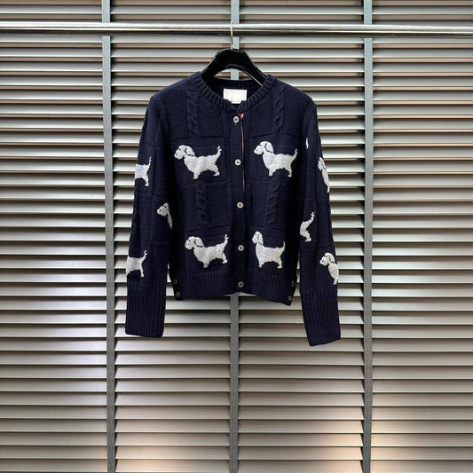 JK108  Wool Puppy Jacquard Knitted Cardigan Coat - Women's