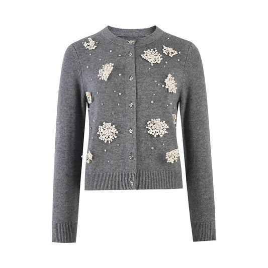 JK138 Hand-Beaded 3D Flower Wool Knitted Cardigan Crew Neck