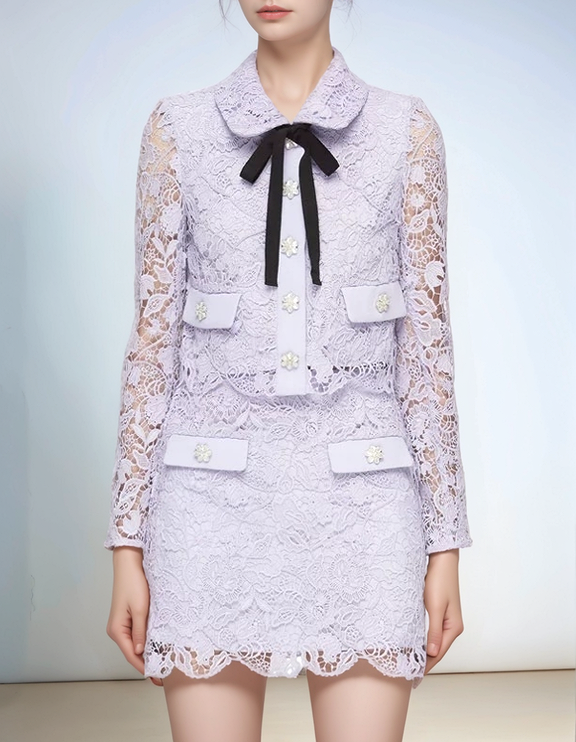 5Y Hollow Water-soluble Lace   Cardigan Top + Miniskirt Set