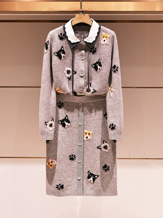 SET244 2025 Autumn Embroidered Knit Cardigan and Skirt Set