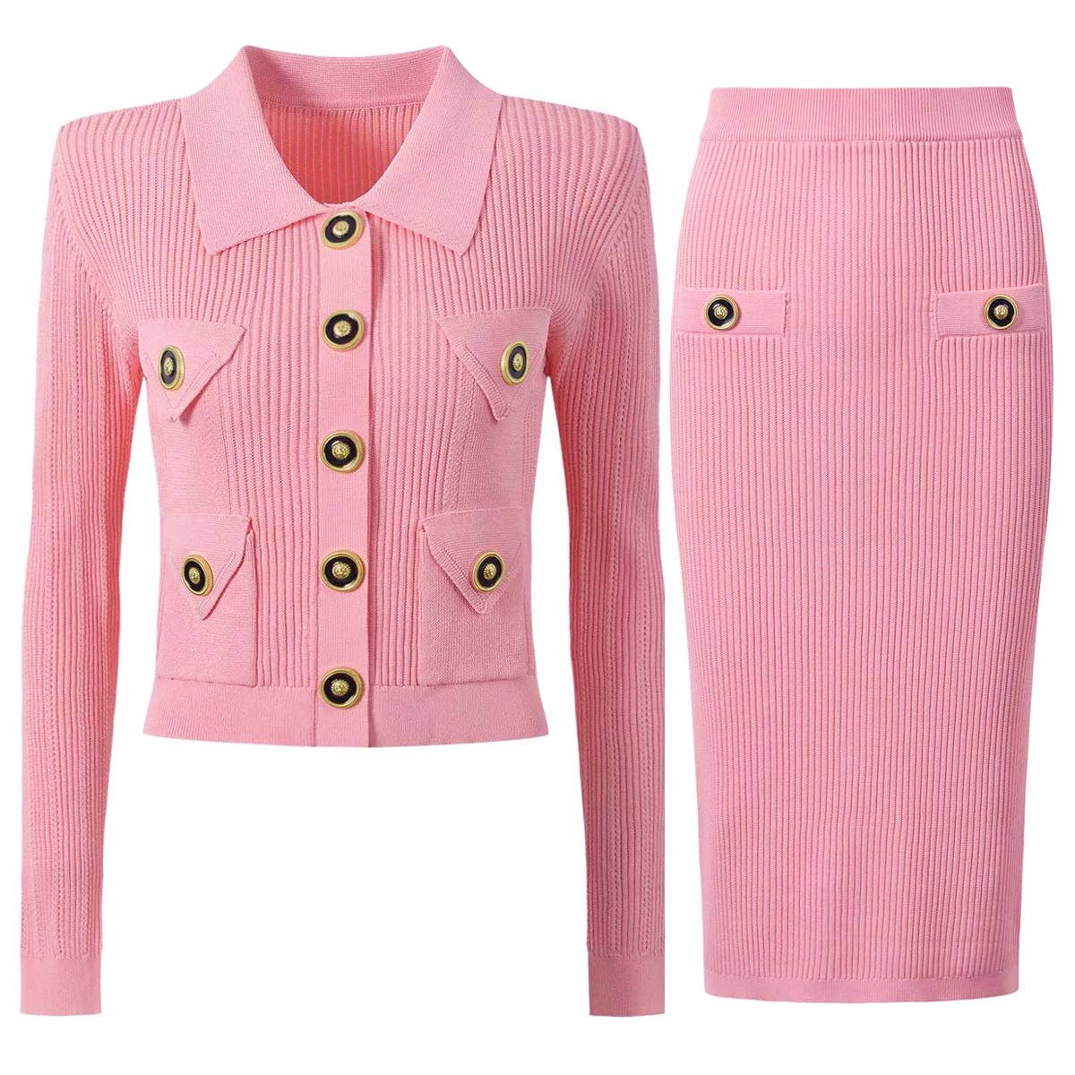SET218Y 2025 Elegant Pink Knit Cardigan & Pencil Skirt Set