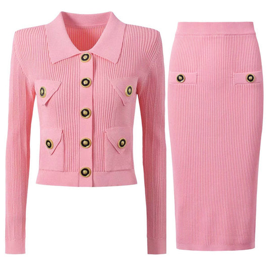 SET218Y 2025 Elegant Pink Knit Cardigan & Pencil Skirt Set