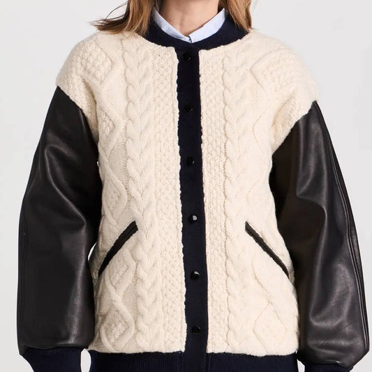 CT162 Women's Wool Knit Cardigan with PU Leather Patchwork