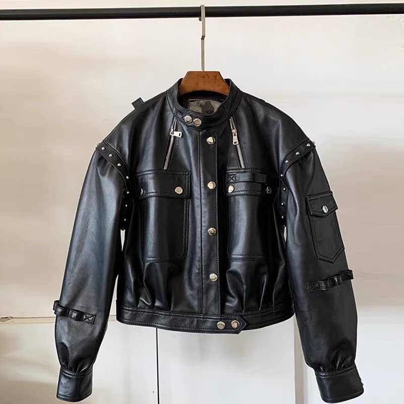 4L Autumn Sheepskin Leather Jacket Women Detachable Sleeve