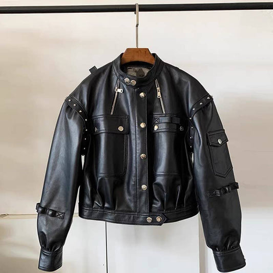 4L Autumn Sheepskin Leather Jacket Women Detachable Sleeve