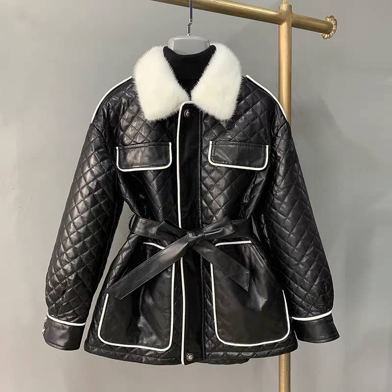 CT119L Women¡¯s Winter Sheepskin Coat with Mink Fur Collar