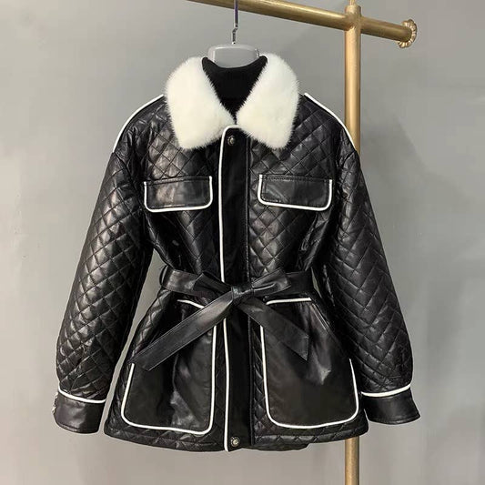 CT119L Women¡¯s Winter Sheepskin Coat with Mink Fur Collar