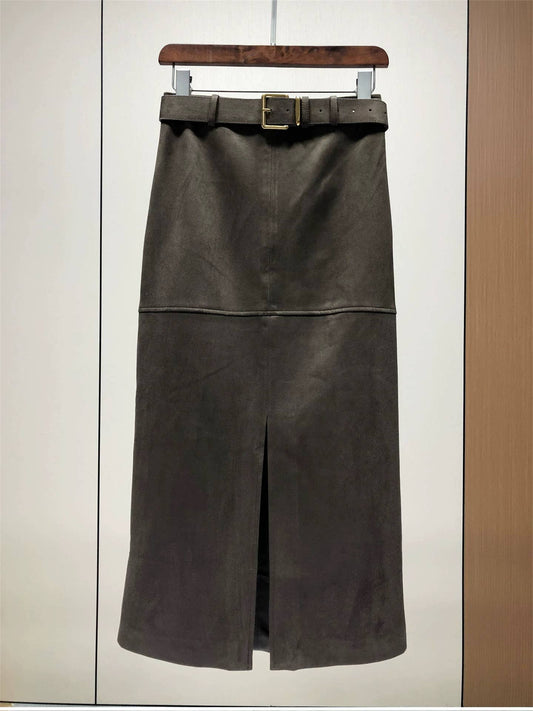 SK90Y Women¡¯s Vintage Split Hem Faux Suede Slim Skirt
