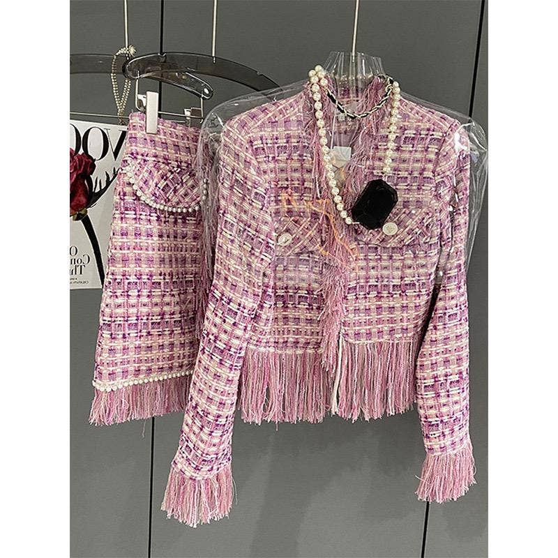 73Y Hand Beaded Tweed Fringe Jacket and Skirt Set for Women