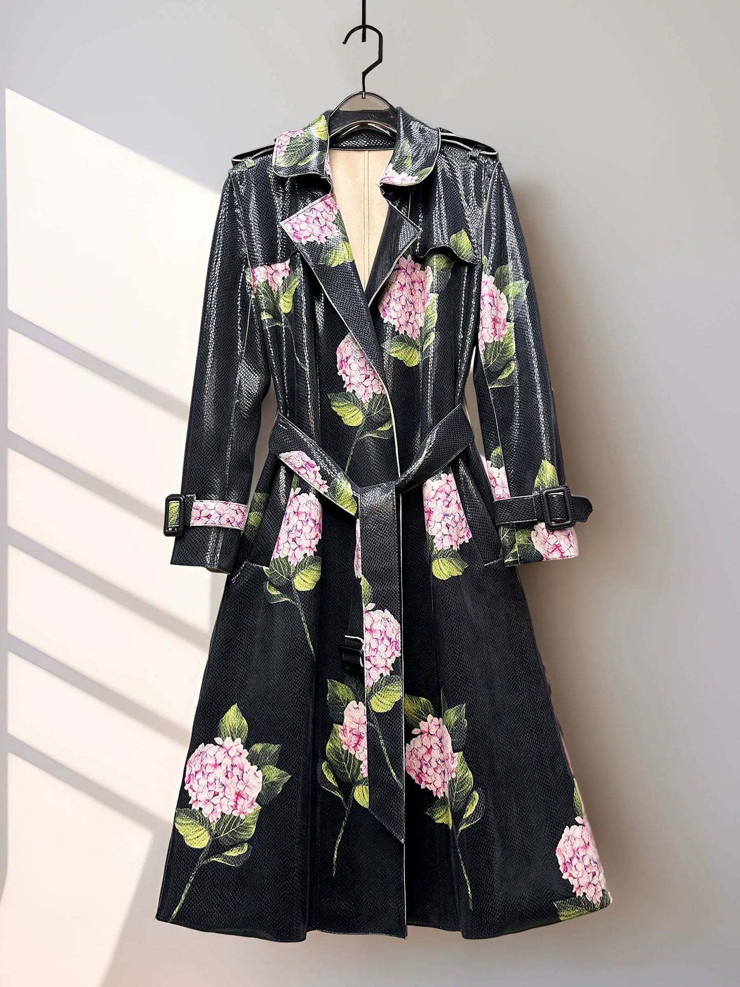 CT157 Printed PU Leather Trench Coat with Belted Waist