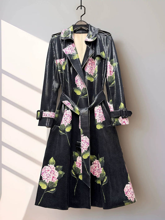 CT157 Printed PU Leather Trench Coat with Belted Waist