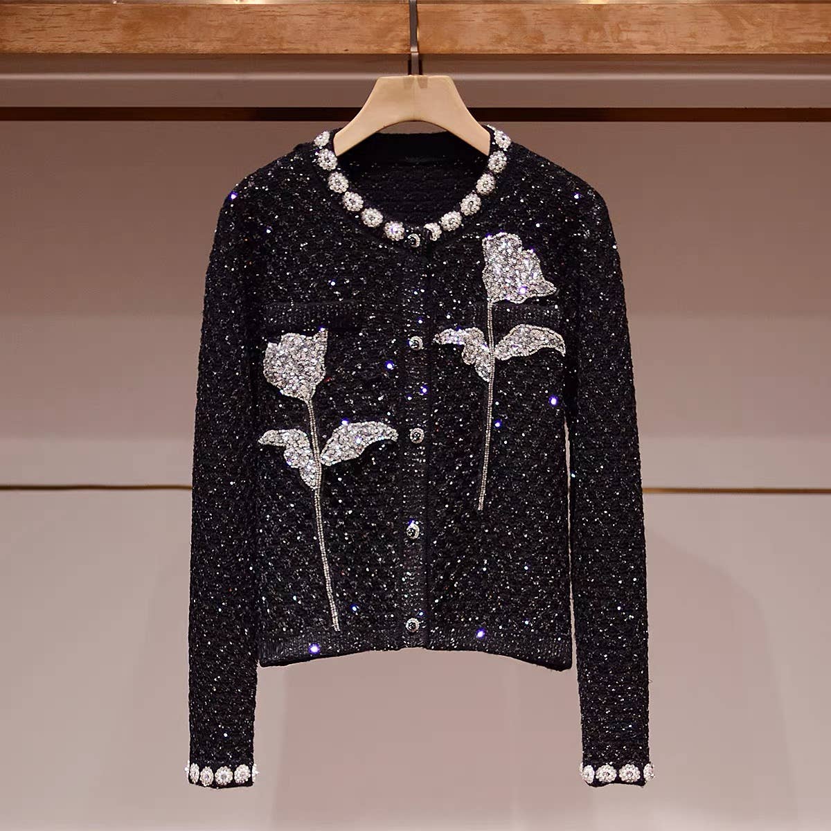 JK241Y Women¡¯s Black Knit Cardigan with Rhinestone Details