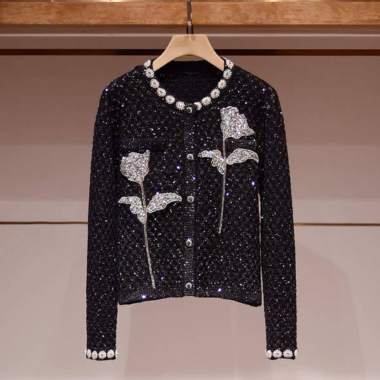 JK241Y Women¡¯s Black Knit Cardigan with Rhinestone Details