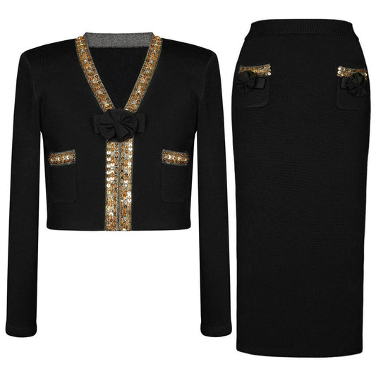 SET93Y Hand-Beaded Floral Knit Cardigan & Skirt Set ¨C Red