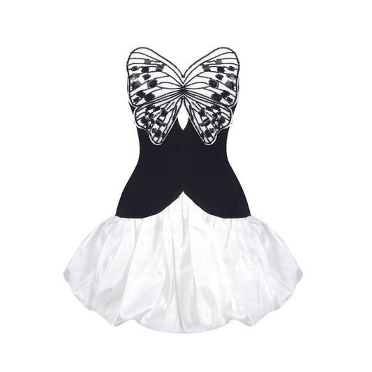 DR721 Contrast Butterfly Embroidery High Waist Mini Dress