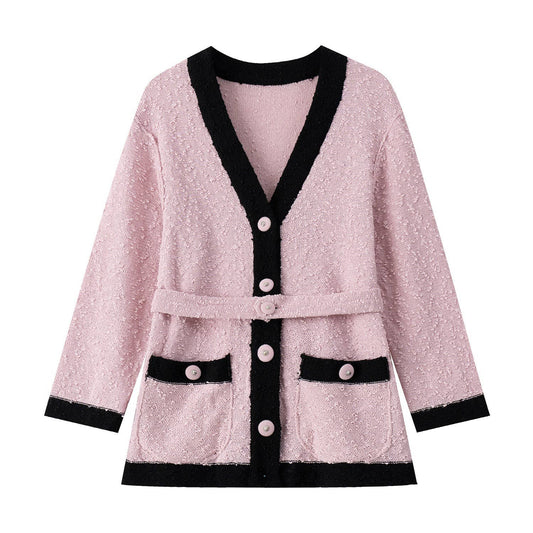 JK137 V-neck Knitted Wool Cardigan with Tie Waist