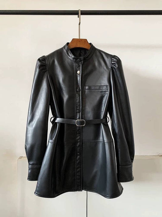 93Y Women's Genuine Sheepskin Mid-Length Stand Collar Jacket