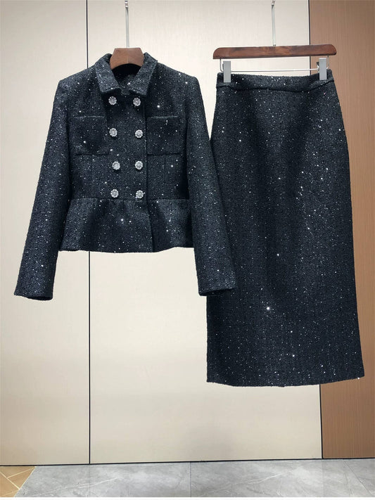 SET279Y Women¡¯s Sequin Tweed Wool-Blend Jacket & Skirt Set