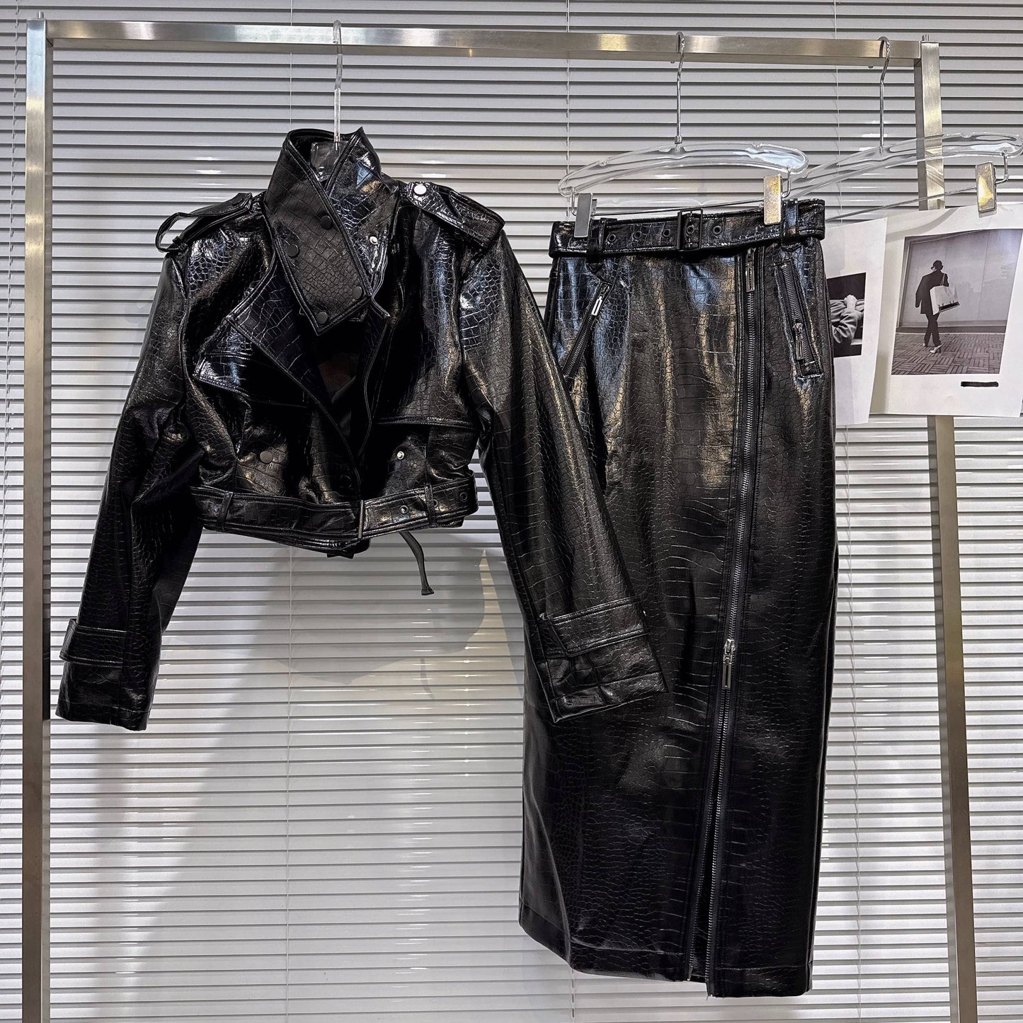 SET183Y Croc-Textured PU Lapel Jacket & Zipper Skirt Set