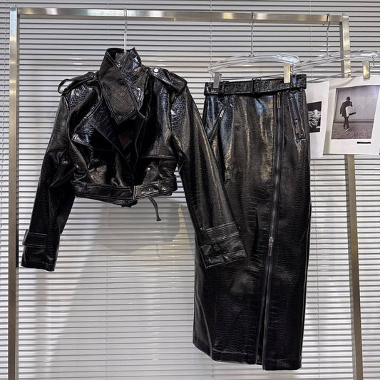 SET183Y Croc-Textured PU Lapel Jacket & Zipper Skirt Set