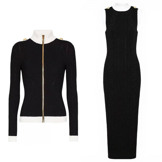 57Y Elegant Knit Duo: Zip Cardigan & Sleeveless Dress Set