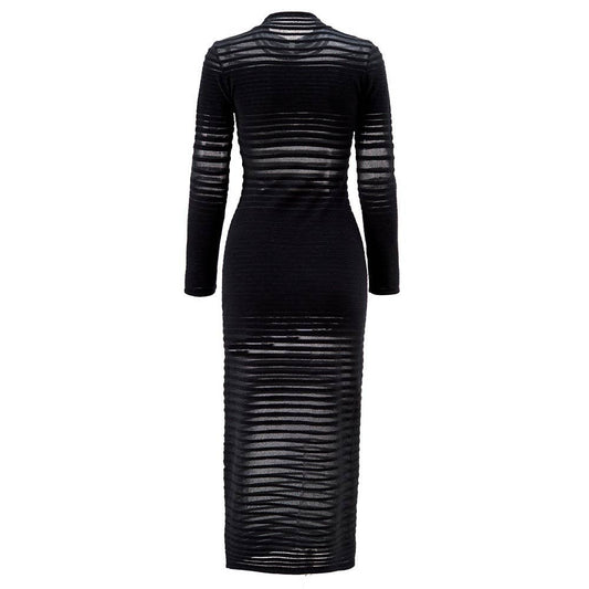 DR948Y Black Knit Organza Patchwork Long Sleeve Maxi Dress