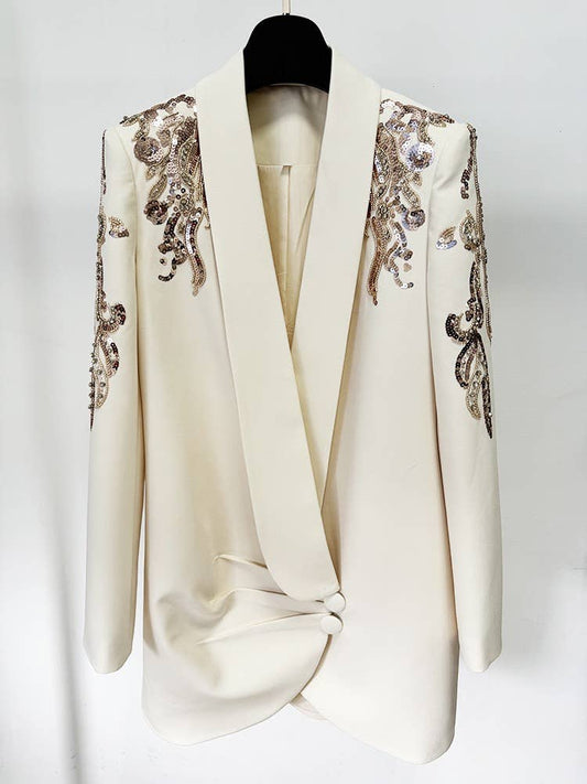 DR345Y 2025 Women's Beaded Shawl Collar Blazer Dress