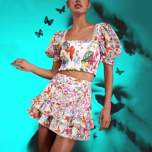 SET136 Boho Chic: Square Neck Top & Ruffled Skirt