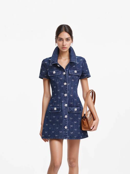 DR500Y Short-Sleeved Rhinestone Bow Embellished Denim Dress