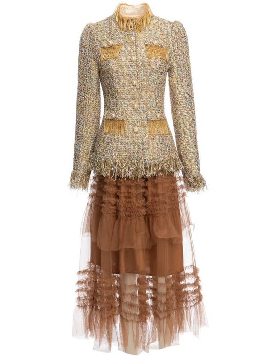 SET240Y Beaded Tweed High-Neck Top and Mesh Midi Skirt Set