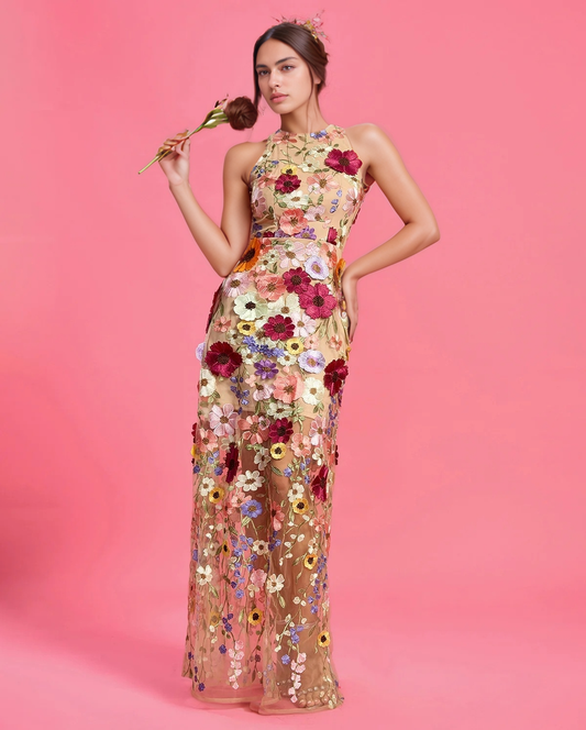 DR499 Elegant Floral 3D Embroidery Slim Fit Sleeveless Dress