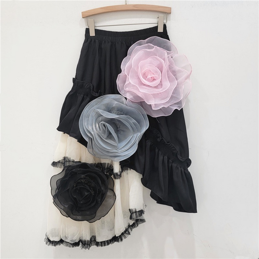 SK043 Chic Mesh Splicing Skirt with 3D Floral Decoration