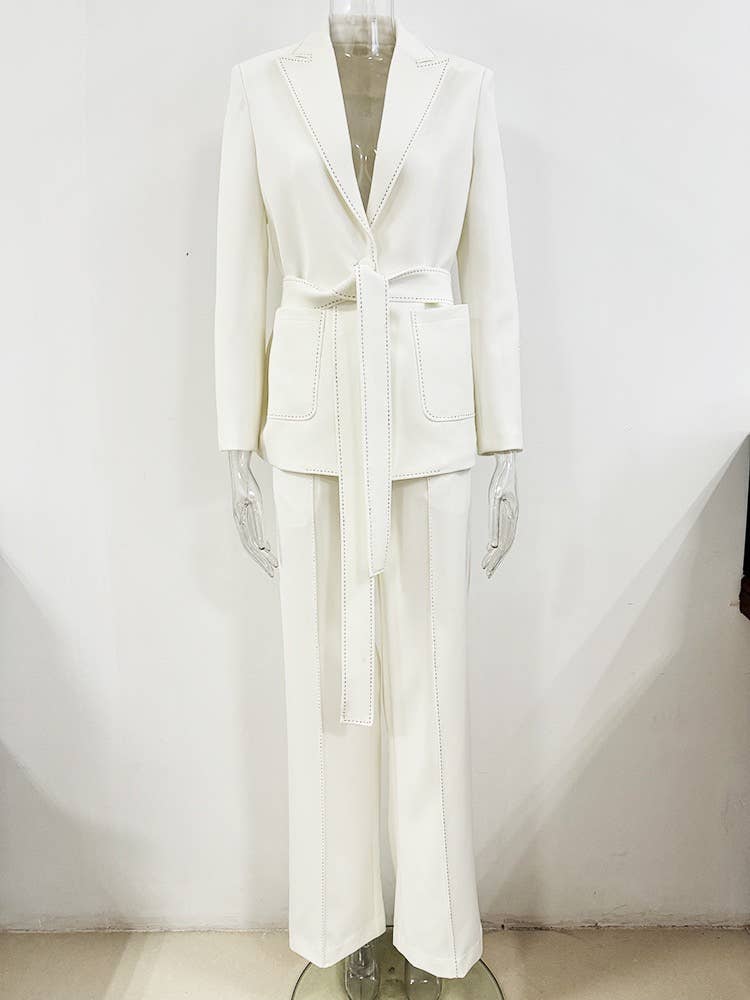 SET11-5Y Beaded Trim Belted Suit Trousers Two-Piece Set