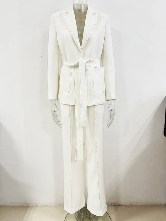 SET11-5Y Beaded Trim Belted Suit Trousers Two-Piece Set