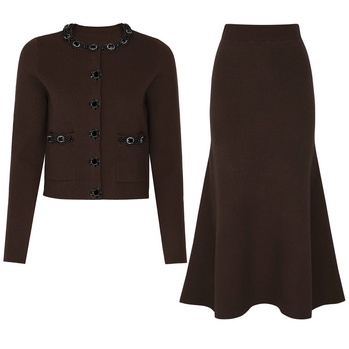 SET257Y 2025 Elegant Beaded Knit Cardigan and Skirt Set