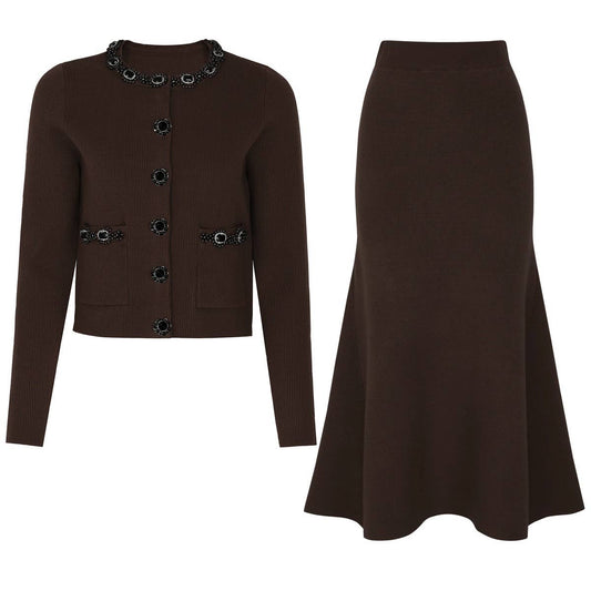 SET257Y 2025 Gem-Trimmed Knit Cardigan and Flared Skirt Set