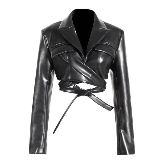 JK013 High Quality Faux Leather Crop Jacket Crop Blazer