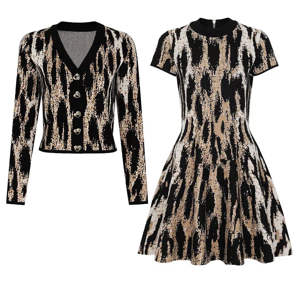 70Y Autumn Leopard Knit Jacket and Waist Dress Two-Piece Set