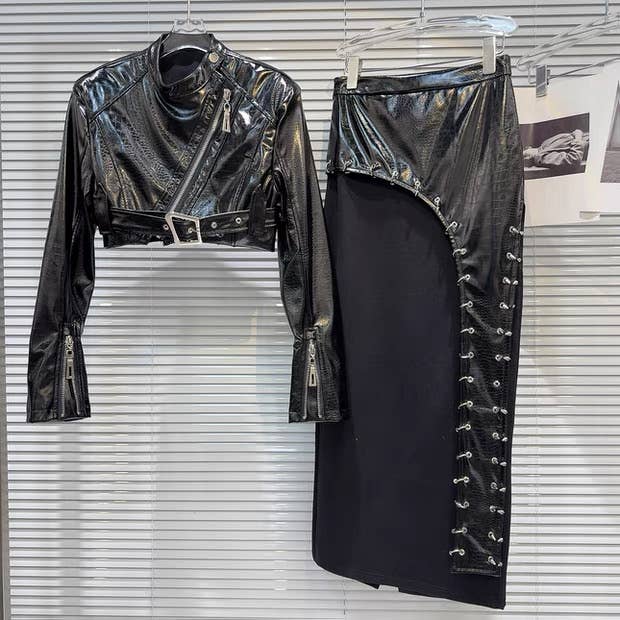 SET214Y Faux Crocodile PU Zipper Jacket With Ring Skirt Set