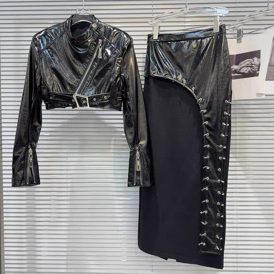 SET214Y Faux Crocodile PU Zipper Jacket With Ring Skirt Set