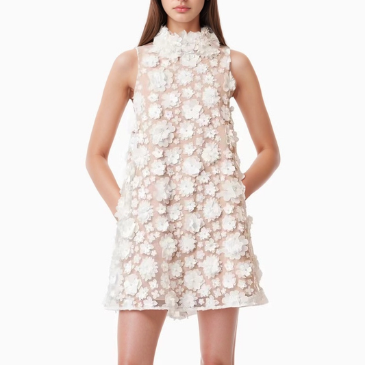 20Y Handmade Beaded Short Puffy Dress with 3D Floral Design