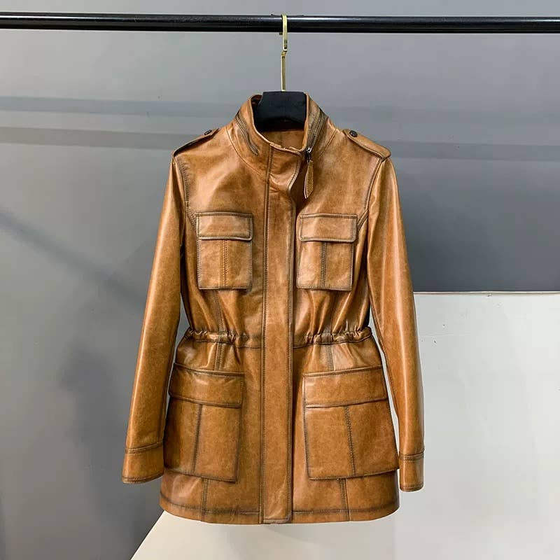 BL49L Women's Genuine Sheepskin Stand Collar Moto Jacket