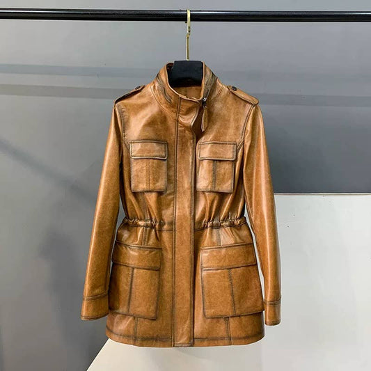 BL49L Women's Genuine Sheepskin Stand Collar Moto Jacket
