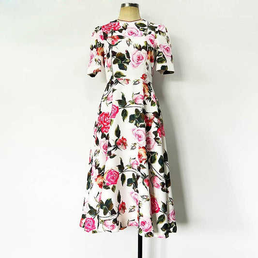 33Y Elegant Floral Print Round Neck Short-Sleeve Midi Dress