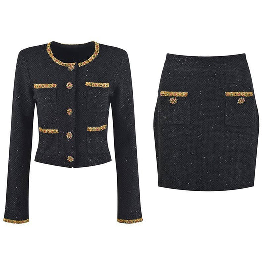 SET187Y Sequined Black Knit Cardigan & Skirt Set with Trim