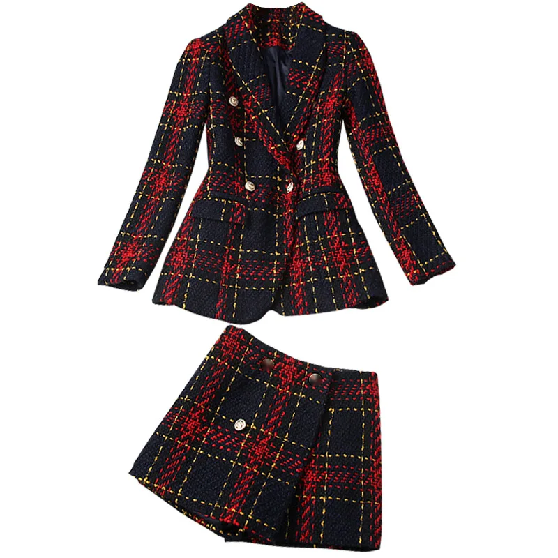 SET022 Women Blazer Set Two Pieces Tweed Suit Set For Office