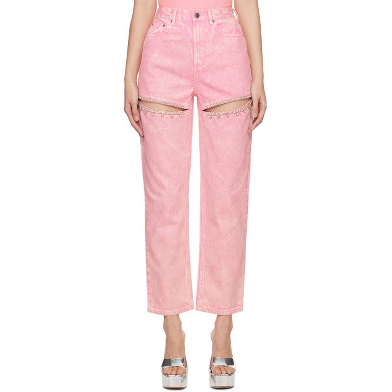 PT013 High-Waist Beaded Jeans - Chic Wide-Leg Design